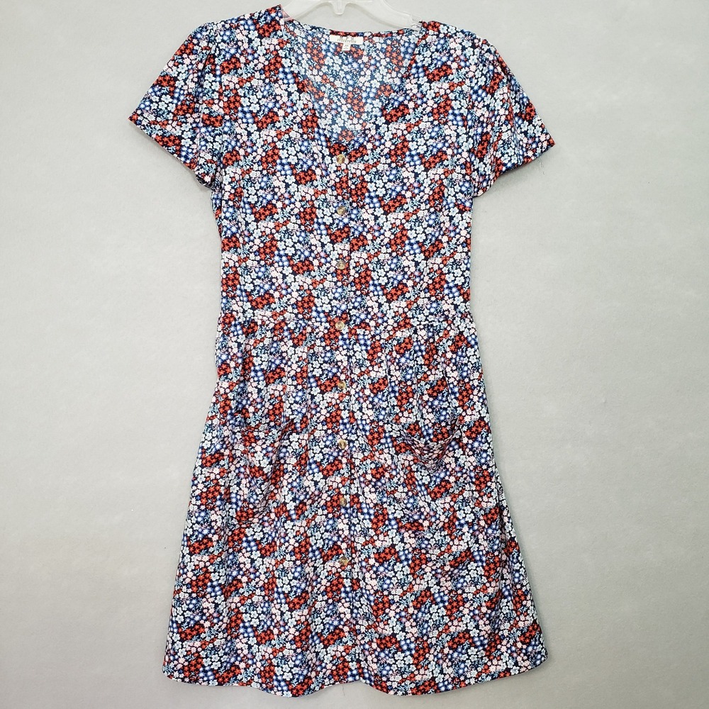 MPH Collection M Dress Blue Red Floral Button Front Fit & Flare Cottagecore